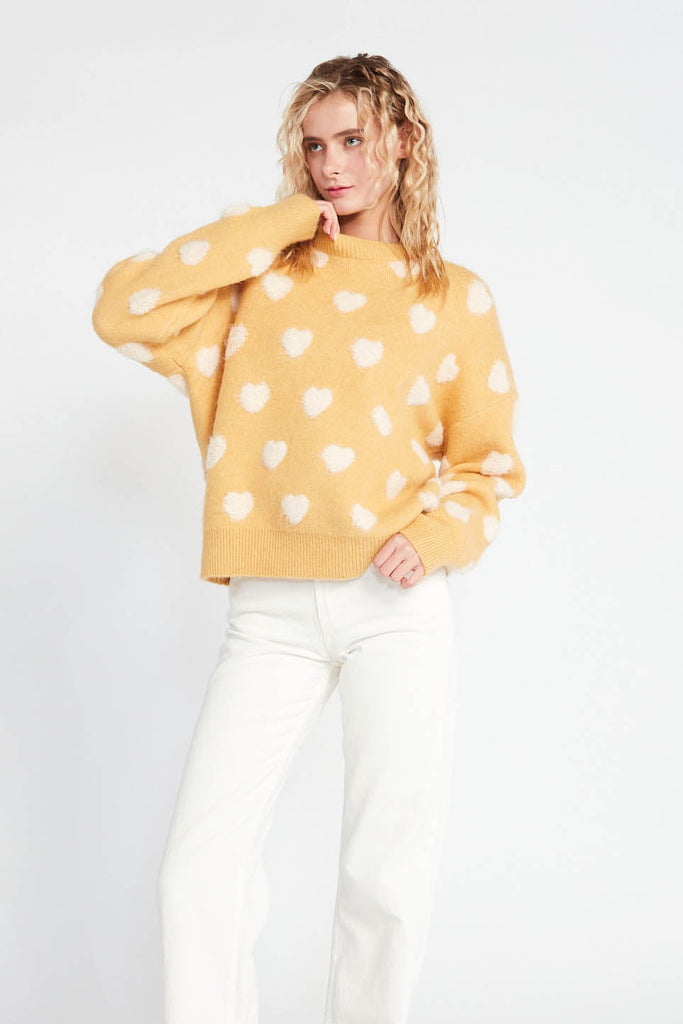 Fuzzy Heart Sweater - Mustard Yellow