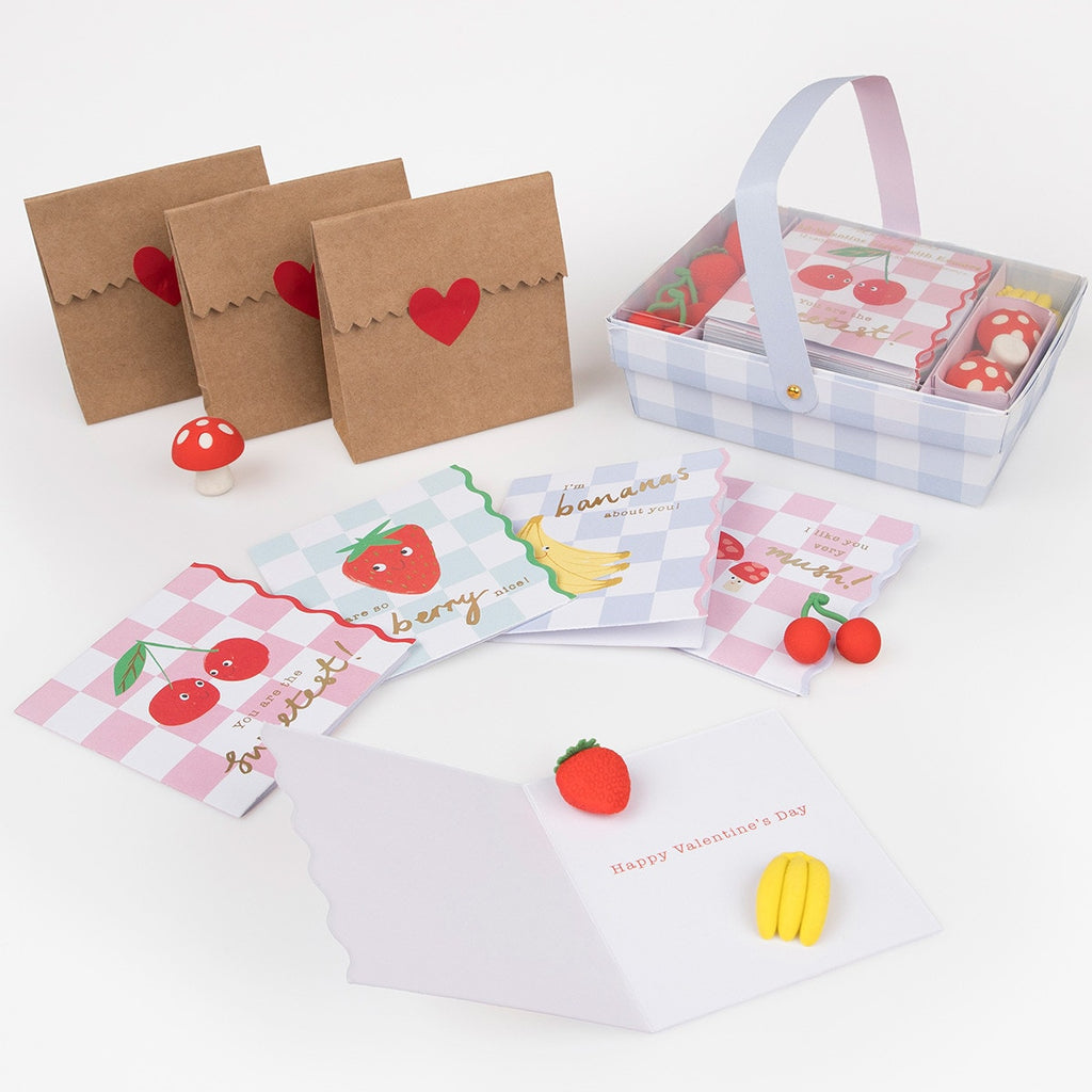 Meri Meri Heart Fruit Basket Kids Valentine's Cards & Erasers Set