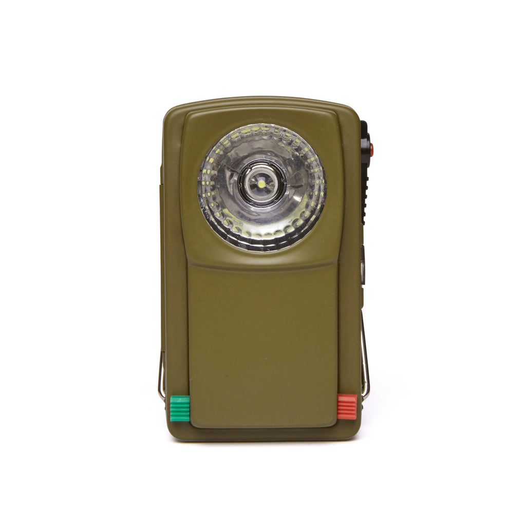 Retro style rectangular flashlight with green and red buttons