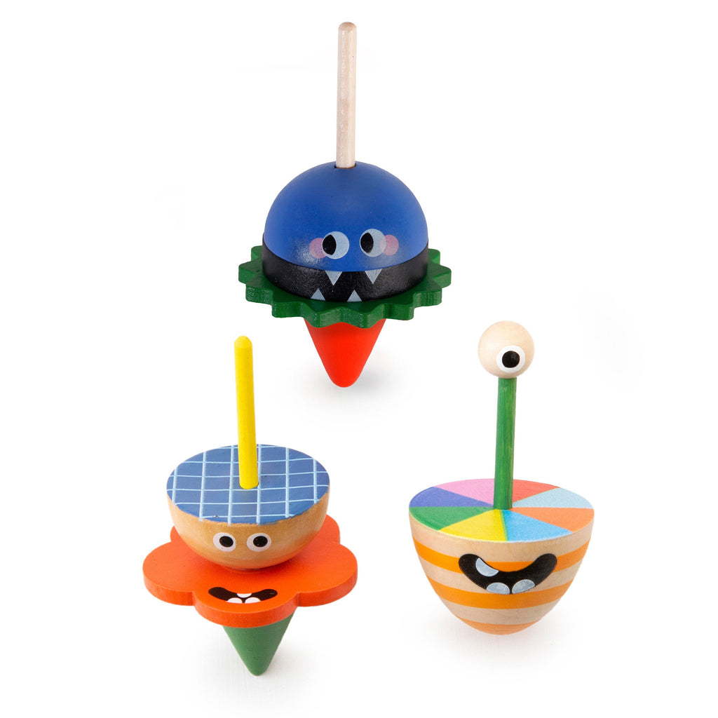 3 colorful wooden spinning tops