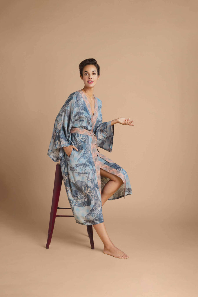 Tropical Toile Kimono Gown - Denim